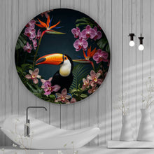 Lade das Bild in den Galerie-Viewer, Aluminiumbild gebürstet Exotischer Vogel mit tropischen Pflanzen Kreis