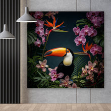 Lade das Bild in den Galerie-Viewer, Spannrahmenbild Exotischer Vogel mit tropischen Pflanzen Quadrat