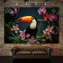 Lade das Bild in den Galerie-Viewer, Aluminiumbild gebürstet Exotischer Vogel mit tropischen Pflanzen Querformat