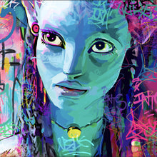 Lade das Bild in den Galerie-Viewer, Spannrahmenbild Fantasievolles Porträt in leuchtenden Farben mit Graffiti Elementen Quadrat