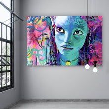 Lade das Bild in den Galerie-Viewer, Spannrahmenbild Fantasievolles Porträt in leuchtenden Farben mit Graffiti Elementen Querformat