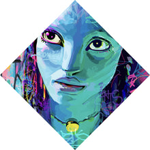 Lade das Bild in den Galerie-Viewer, Aluminiumbild gebürstet Fantasievolles Porträt in leuchtenden Farben mit Graffiti Elementen Raute