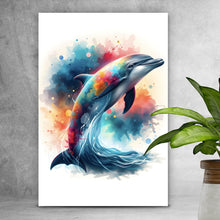 Lade das Bild in den Galerie-Viewer, Aluminiumbild gebürstet Farbenfroher Delfin springt durch bunte Grafik Hochformat