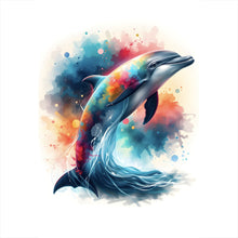 Lade das Bild in den Galerie-Viewer, Spannrahmenbild Farbenfroher Delfin springt durch bunte Grafik Hochformat