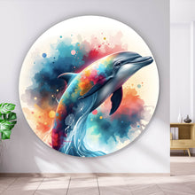 Lade das Bild in den Galerie-Viewer, Aluminiumbild gebürstet Farbenfroher Delfin springt durch bunte Grafik Kreis