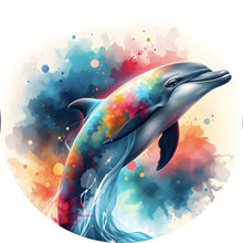 Lade das Bild in den Galerie-Viewer, Aluminiumbild gebürstet Farbenfroher Delfin springt durch bunte Grafik Kreis