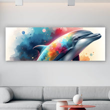 Lade das Bild in den Galerie-Viewer, Leinwandbild Farbenfroher Delfin springt durch bunte Grafik Panorama