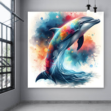 Lade das Bild in den Galerie-Viewer, Poster Farbenfroher Delfin springt durch bunte Grafik Quadrat