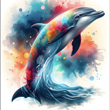 Lade das Bild in den Galerie-Viewer, Aluminiumbild gebürstet Farbenfroher Delfin springt durch bunte Grafik Quadrat