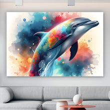 Lade das Bild in den Galerie-Viewer, Aluminiumbild gebürstet Farbenfroher Delfin springt durch bunte Grafik Querformat