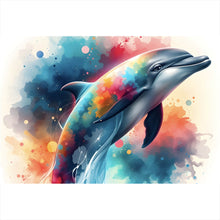 Lade das Bild in den Galerie-Viewer, Aluminiumbild Farbenfroher Delfin springt durch bunte Grafik Querformat