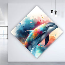 Lade das Bild in den Galerie-Viewer, Leinwandbild Farbenfroher Delfin springt durch bunte Grafik Raute