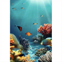 Lade das Bild in den Galerie-Viewer, Spannrahmenbild Farbenfrohes Korallenriff mit exotischen Fischen und Lichtstrahlen Hochformat
