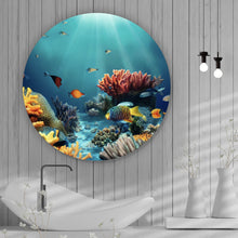 Lade das Bild in den Galerie-Viewer, Aluminiumbild Farbenfrohes Korallenriff mit exotischen Fischen und Lichtstrahlen Kreis