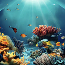 Lade das Bild in den Galerie-Viewer, Aluminiumbild gebürstet Farbenfrohes Korallenriff mit exotischen Fischen und Lichtstrahlen Quadrat