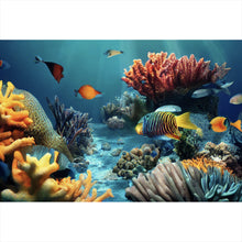 Lade das Bild in den Galerie-Viewer, Leinwandbild Farbenfrohes Korallenriff mit exotischen Fischen und Lichtstrahlen Querformat
