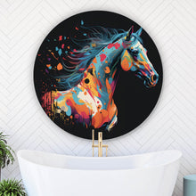 Lade das Bild in den Galerie-Viewer, Aluminiumbild gebürstet Farbenfrohes Pferd in lebendiger abstrakter Darstellung Kreis