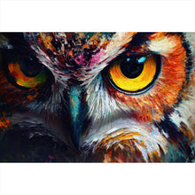 Lade das Bild in den Galerie-Viewer, Aluminiumbild Faszinierendes buntes Eulen Porträt Querformat