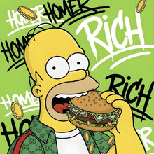 Lade das Bild in den Galerie-Viewer, Aluminiumbild gebürstet Figur Isst Burger mit Geld Quadrat