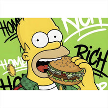 Lade das Bild in den Galerie-Viewer, Acrylglasbild Figur Isst Burger mit Geld Querformat