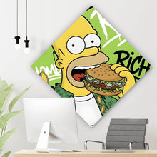 Lade das Bild in den Galerie-Viewer, Aluminiumbild Figur Isst Burger mit Geld Raute