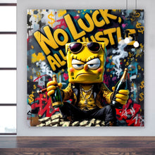 Lade das Bild in den Galerie-Viewer, Aluminiumbild gebürstet Figur mit Geld und Flaschen No Luck all Hustle Quadrat