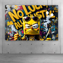 Lade das Bild in den Galerie-Viewer, Leinwandbild Figur mit Geld und Flaschen No Luck all Hustle Querformat