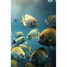 Lade das Bild in den Galerie-Viewer, Aluminiumbild Fischschwarm in einer Unterwasserwelt Hochformat