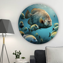 Lade das Bild in den Galerie-Viewer, Aluminiumbild gebürstet Fischschwarm in einer Unterwasserwelt Kreis