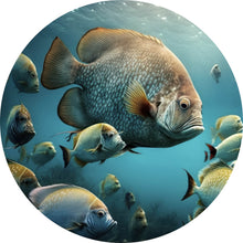 Lade das Bild in den Galerie-Viewer, Aluminiumbild gebürstet Fischschwarm in einer Unterwasserwelt Kreis