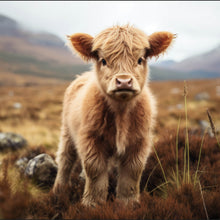 Lade das Bild in den Galerie-Viewer, Leinwandbild Flauschiges Highland Kalb auf der Weide Quadrat