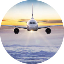 Lade das Bild in den Galerie-Viewer, Aluminiumbild gebürstet Flugzeug fliegt über den Wolken Kreis