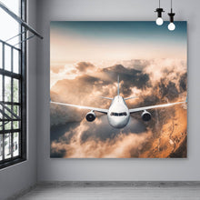 Lade das Bild in den Galerie-Viewer, Aluminiumbild gebürstet Flugzeug über beeindruckender Berglandschaft Quadrat