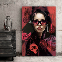 Lade das Bild in den Galerie-Viewer, Acrylglasbild Frau mit Herzen und Schmetterlingen Hochformat