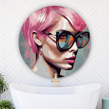 Lade das Bild in den Galerie-Viewer, Aluminiumbild gebürstet Frau mit pinken Haaren Kreis