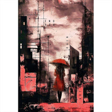 Lade das Bild in den Galerie-Viewer, Leinwandbild Frau mit Regenschirm in abstrakter Stadtlandschaft Hochformat