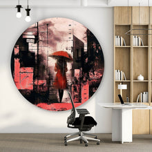 Lade das Bild in den Galerie-Viewer, Aluminiumbild Frau mit Regenschirm in abstrakter Stadtlandschaft Kreis