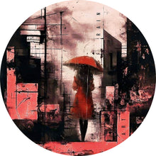 Lade das Bild in den Galerie-Viewer, Aluminiumbild Frau mit Regenschirm in abstrakter Stadtlandschaft Kreis