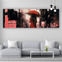 Lade das Bild in den Galerie-Viewer, Leinwandbild Frau mit Regenschirm in abstrakter Stadtlandschaft Panorama
