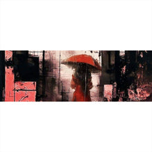 Lade das Bild in den Galerie-Viewer, Leinwandbild Frau mit Regenschirm in abstrakter Stadtlandschaft Panorama