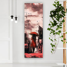 Lade das Bild in den Galerie-Viewer, Leinwandbild Frau mit Regenschirm in abstrakter Stadtlandschaft Panorama Hoch
