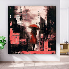 Lade das Bild in den Galerie-Viewer, Leinwandbild Frau mit Regenschirm in abstrakter Stadtlandschaft Quadrat