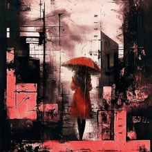 Lade das Bild in den Galerie-Viewer, Leinwandbild Frau mit Regenschirm in abstrakter Stadtlandschaft Quadrat
