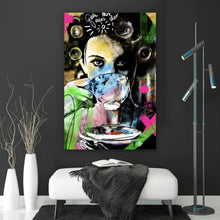 Lade das Bild in den Galerie-Viewer, Poster Frau mit Tasse farbenfrohe künstlerische Darstellung Hochformat