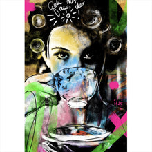 Lade das Bild in den Galerie-Viewer, Acrylglasbild Frau mit Tasse farbenfrohe künstlerische Darstellung Hochformat