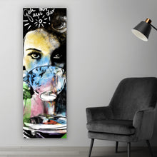 Lade das Bild in den Galerie-Viewer, Acrylglasbild Frau mit Tasse farbenfrohe künstlerische Darstellung Panorama Hoch