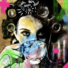 Lade das Bild in den Galerie-Viewer, Acrylglasbild Frau mit Tasse farbenfrohe künstlerische Darstellung Quadrat