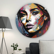 Lade das Bild in den Galerie-Viewer, Aluminiumbild gebürstet Frauengesicht in abstrakter Kunst Kreis