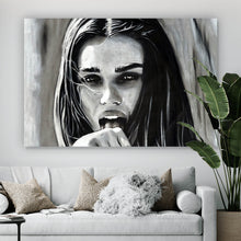Lade das Bild in den Galerie-Viewer, Acrylglasbild Freche abstrakte Frau in Schwarz Weiß Querformat