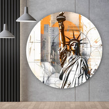 Lade das Bild in den Galerie-Viewer, Aluminiumbild gebürstet Freiheitsstatue vor moderner Stadt Kreis